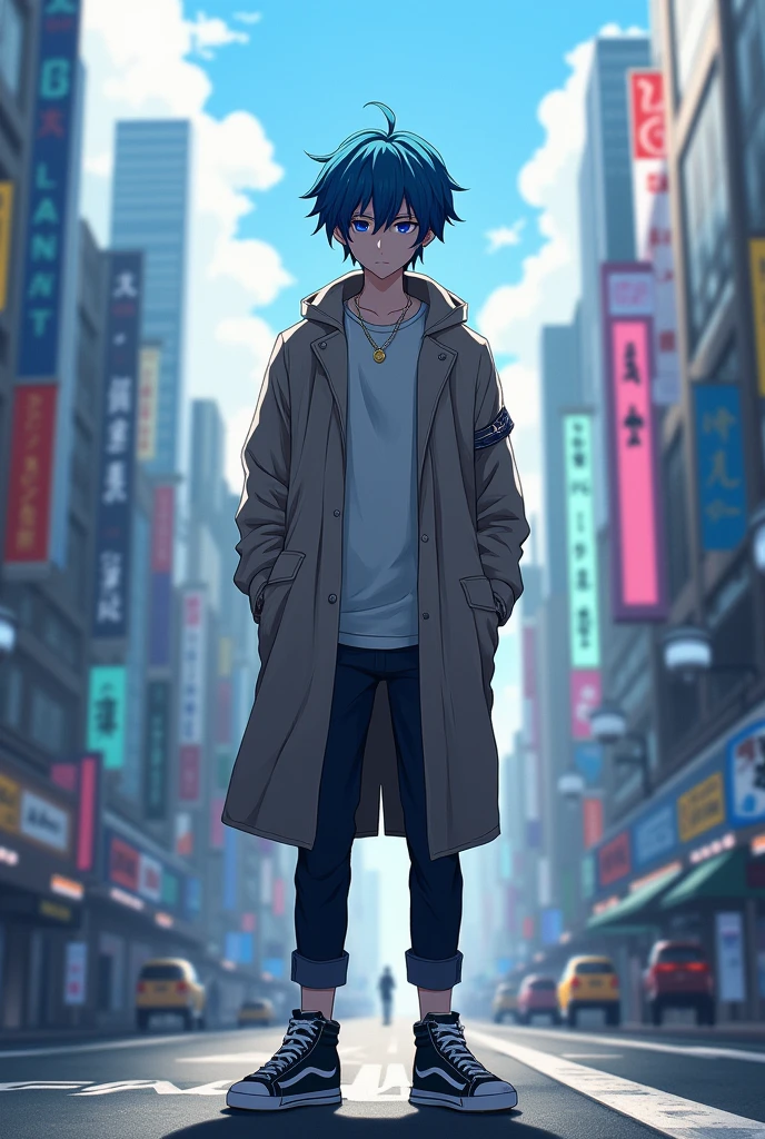 Broken hair,absurdres,anime face,realistic,cityscape,short hair,blue hair,windbreaker,cross-laced_footwear,necklace,solo,male,expressionless,longeyelashes,tareme,stand,day,best quality,highly detailed,masterpiece