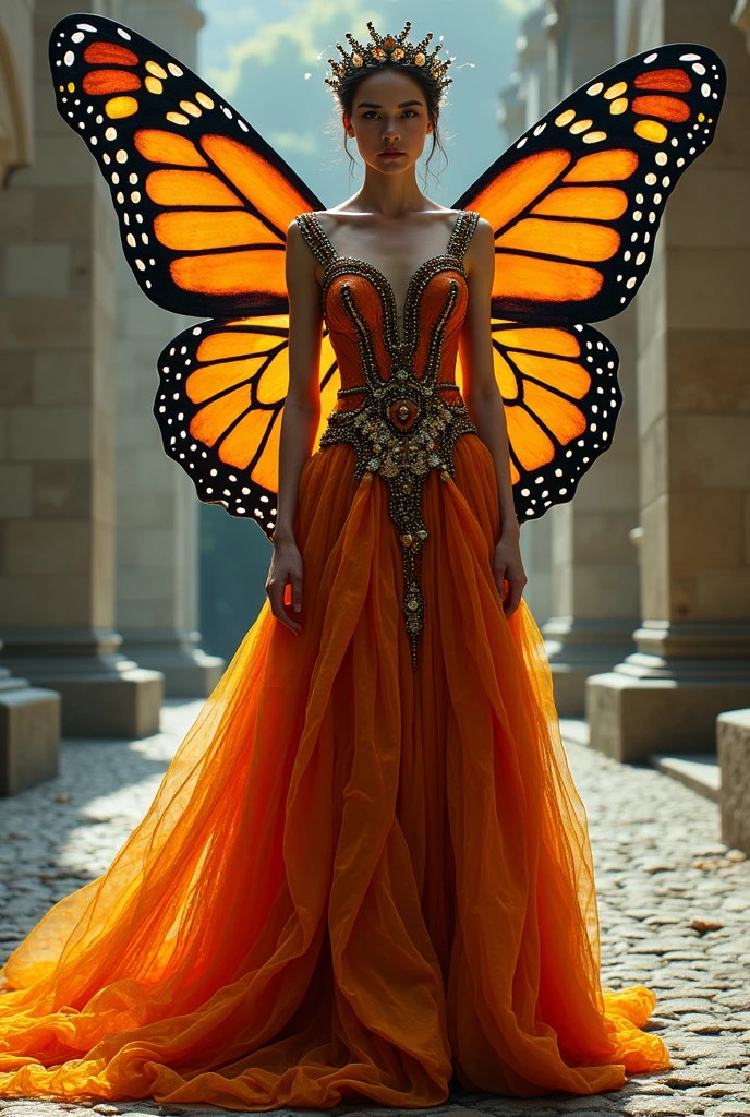 RECYCLED DRESS, RECYCLED THAT LOOKS LIKE RECYCLED SUPER ARCHIMEGA MONARCH BUTTERFLY CLAMOROUS AND ELEGANT WITH TAIL AND CROWN AND WINGS THAT IMPACTFUL