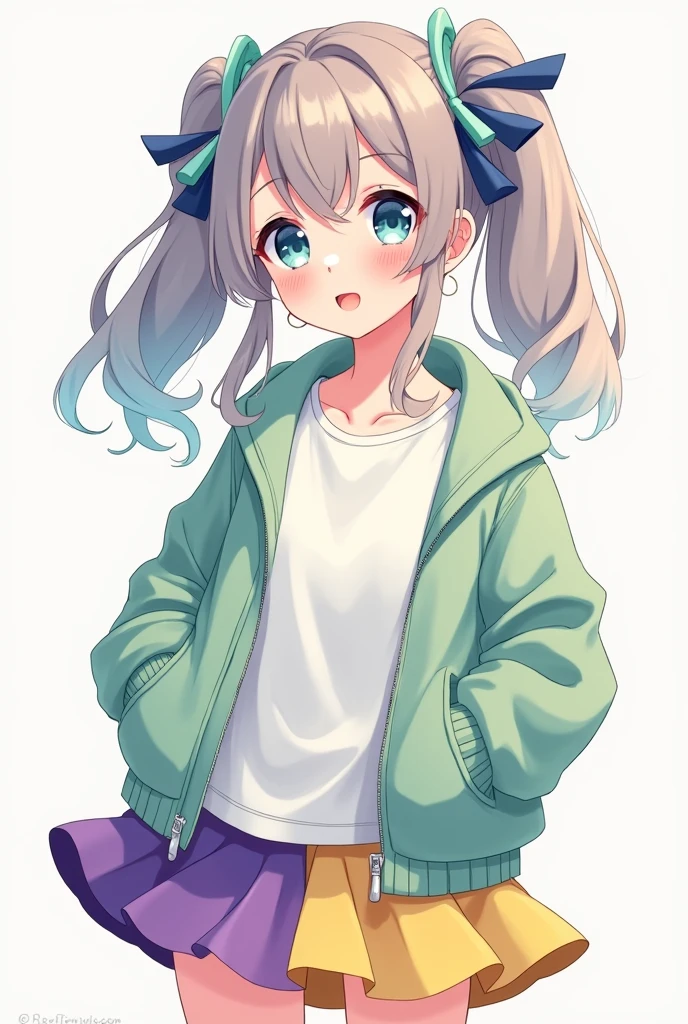 Create an anime style girl with a white t-shirt under a light green jacket, short purple and yellow skirt, with long hair half blue and half brown