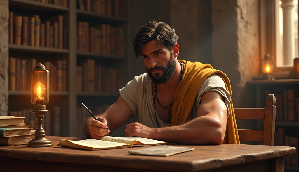 In a grand Roman library filled with towering shelves of scrolls and books, the young Stoic philosopher sits at a large wooden table, deeply engrossed in his studies. His strong, well-proportioned physique is partially revealed by his tunic, which drapes elegantly off one shoulder. He holds a stylus in one hand, ready to take notes on a wax tablet, while his other hand rests on an open scroll filled with ancient wisdom. The expression on his face is one of intense focus and determination, symbolizing his commitment to growth and self-improvement. The warm, golden light from nearby oil lamps casts a photorealistic, 8k quality glow over the scene, highlighting the texture of the parchment and the philosopher's bronzed skin. The shelves behind him are filled with knowledge, representing the vast opportunities for learning and growth that he chooses to embrace.