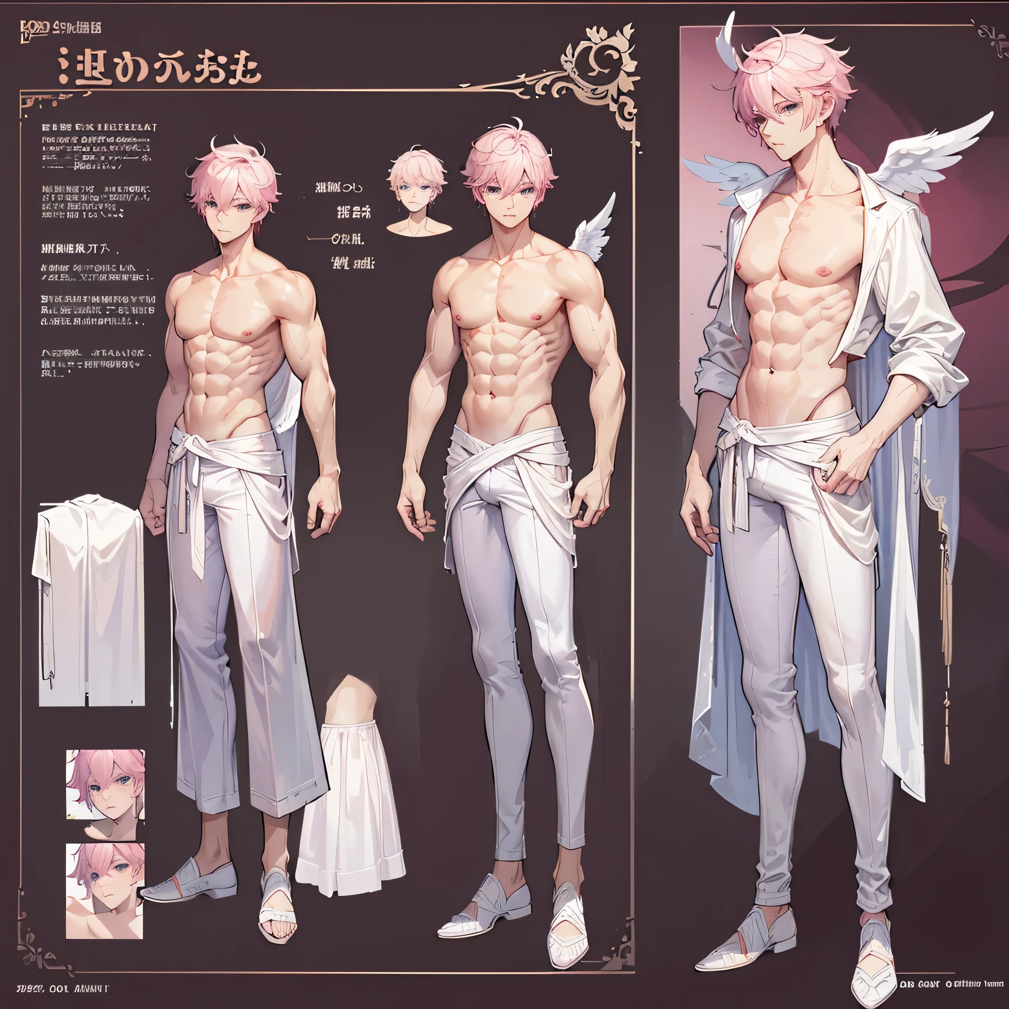 (Masterpiece, best quality), detailed, 1 man, ((character concept art)), ((character design sheet, same character, front, side, back)), full body, body complete, 1 Male angel, 1 Man angel, Detailed face, character design sheet,full bodyesbian, Highly detailed, character sheet, character design, Many parts, dark skin, angel wings, short pink hair, angel outfit, muscle male god, male clothes, masculine, muscle man, male muscle, manly, male angel, Muscle male short pink hair,beautiful man, beautiful muscle man, abs, pectoral muscle