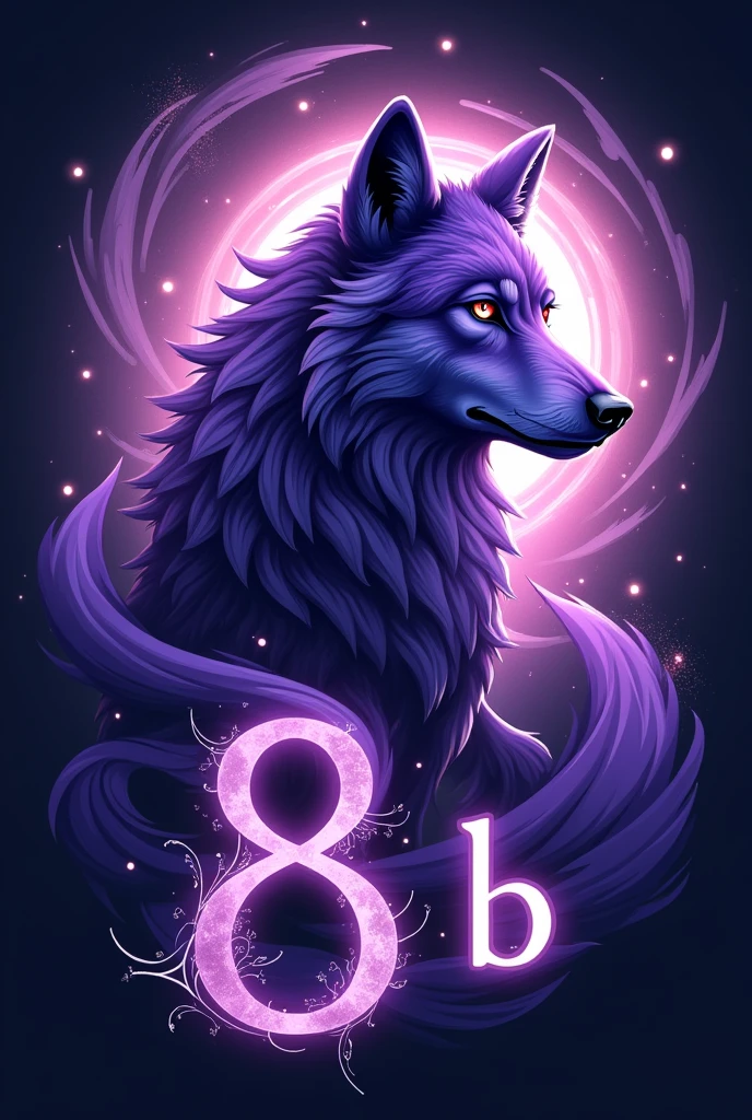 Create a purple wolf logo for me, with wind and the name "8 b"