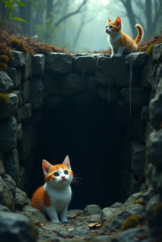 The scene takes place at the bottom of a deep, abandoned well surrounded by darkness. The stone walls of the well are rugged and cold, partially covered in moss and giving a sense of age and neglect. The well’s interior is pitch black, with only a faint hint of light filtering in from the top, creating a stark contrast between the darkness below and the light above. Happy Kitten: Appearance: The happy kitten, with its snow-white fur and patches of orange, is now huddled at the bottom of the well. Its rounded, chubby figure and expressive eyes are visibly strained, reflecting its shock and distress. The kitten's bright fur stands out sharply against the deep black of the well’s interior. Emotion: The kitten's eyes are wide with fear and sadness. It is crying heavily, and its sobs echo off the stone walls, but the sound quickly dissipates into the darkness. The emotional depth of the kitten’s despair is highlighted by its vulnerable posture and tearful expression. Forlorn Kitten: Appearance: At the edge of the well, the forlorn kitten is depicted with a slender, angular figure and muted fur tones. Its face is cold and detached as it looks down into the well. The forlorn kitten’s design contrasts with the bright, rounded figure of the happy kitten. Emotion: The forlorn kitten’s expression shows a fleeting moment of satisfaction mixed with an overwhelming sense of emptiness. The realization that the plan did not bring the anticipated happiness but instead deepened its own sadness is evident in its posture and downcast gaze. Setting and Mood: Environment: The well is enveloped in total darkness, emphasizing the isolation of the happy kitten. The stone walls are jagged and weathered, adding to the grim and oppressive atmosphere. The forest outside is a mere shadow in the background, contributing to the sense of seclusion and abandonment. Lighting: The faint light coming from above contrasts sharply with the darkness inside the well, highlighting the emotional sad and cry