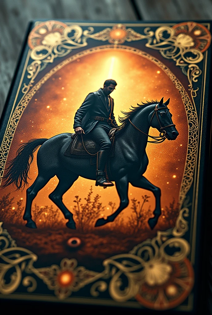 a close-up of a book cover with an image of a man on a horse, concept art by Jaime Jones, trends in cg society, vanity, deck of many things, extremely complex, Cheshire Cat Death Tarot Carta, radiant morning light, symmetrical tarot card, death goddess tarot card, complete art, insane intricate, complete view