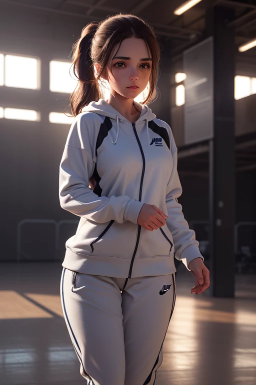 1 girl, beautiful young woman, long dark hair, twin ponytails, light gray sweatsuit, wearing Nike sneakers, standing on the university sports court, looking at the viewer, sweet expression, athletics court, (best quality,4k,8k,highres,masterpiece:1.2),ultra-detailed,(realistic,photorealistic,photo-realistic:1.37),perfect anatomy,precise,hyper-realistic,intricate details,vivid colors,cinematic lighting,volumetric lighting,depth of field,photorealistic rendering