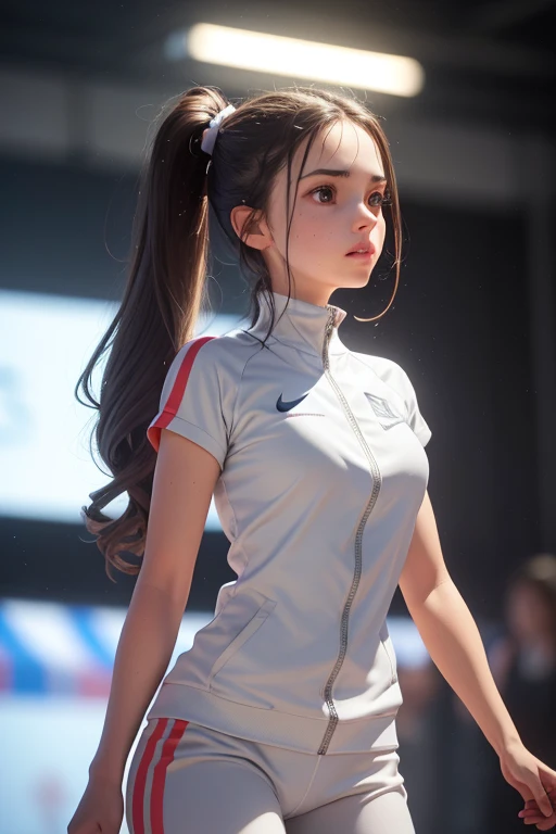 1 girl, beautiful young woman, long dark hair, twin ponytails, light gray sweatsuit, wearing Nike sneakers, standing on the university sports court, looking at the viewer, sweet expression, athletics court, (best quality,4k,8k,highres,masterpiece:1.2),ultra-detailed,(realistic,photorealistic,photo-realistic:1.37),perfect anatomy,precise,hyper-realistic,intricate details,vivid colors,cinematic lighting,volumetric lighting,depth of field,photorealistic rendering