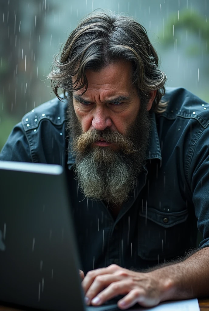 Angry bearded teacher working on his computer in the rain.