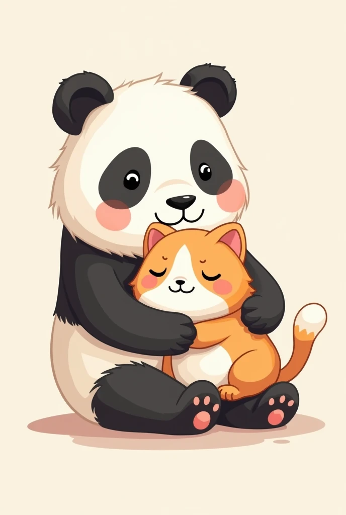 A logo of a panda and a white and orange cat hugging each other 