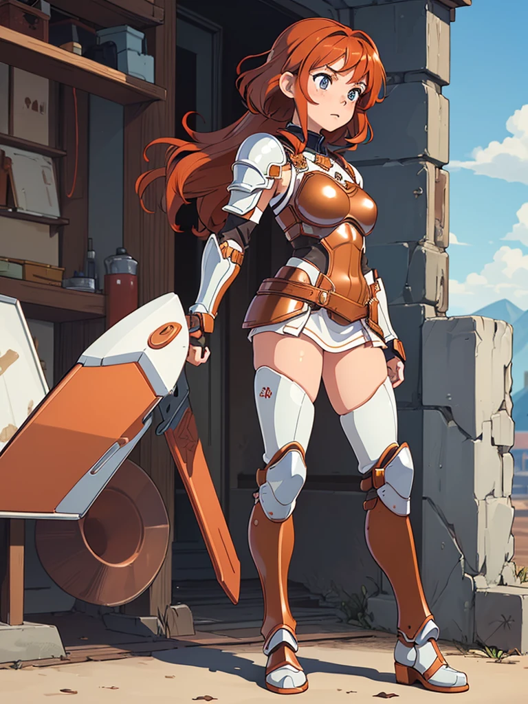 (masterpiece), (best quality), ((one girl)),(( red copper hair)),(brown eyes),short hair, curly hair, anime style, freckles, (small breast), (petite figure), legs,((white/blue armor)),(full body armor),(almond eyes) ,( tan skin) 