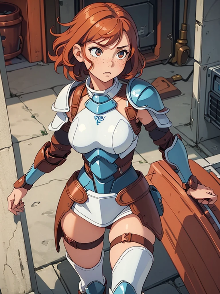 (masterpiece), (best quality), ((one girl)),(( red copper hair)),(brown eyes),short hair, curly hair, anime style, freckles, (small breast), (petite figure), legs,((white/blue armor)),(full body armor),(almond eyes) ,( tan skin)