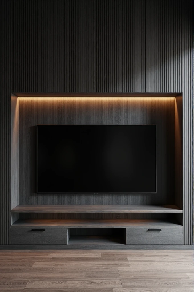 Design a room with dark gray slatted paneling , a black television, and a wooden niche