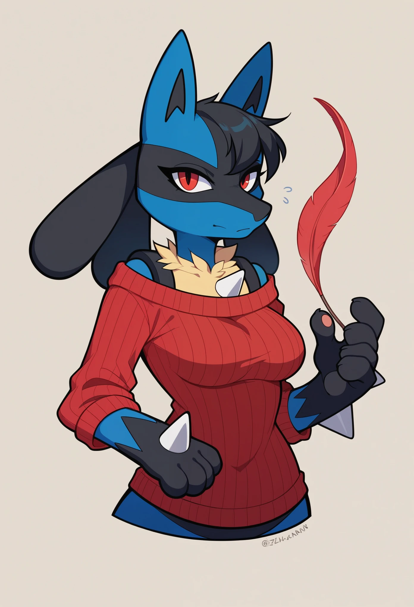 score_9, score_8_up, 2D, flat color, cafe background, Lucario as a Mobian, Mobian, masterpiece, Lucario, 1girl, furry, furry female, blue fur, blue and black hair, red eyes, looking at viewer, looking at viewer, 1girl, very detailed, extremely detailed, Lucario as a sonic the hedgehog series character, shy, timid, sound lines, large bust, milf, spikes, wolf, red sweater, off shoulder sweater, red scarf, walking, ((2 quill-like hair bangs)), (((fluffy muzzle))), solo, 1girl
