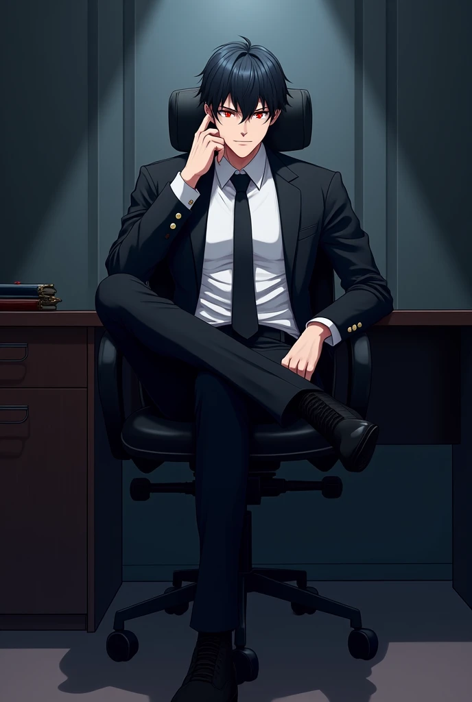 create an anime style image, There is a tall man, Muscular but not too much, White skin, black hair and sapphire red eyes, He is wearing a black suit with a tie, He is sitting on a black chair with wheels, he has his legs crossed, Her head is slightly tilted and is resting on one of her hands., The man wears a small smile of happiness on his face. The background is of an office that is dark. anime style