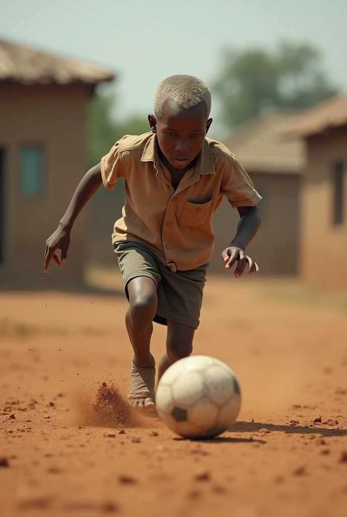 Image of an elderly black child playing soccer on a dirt field