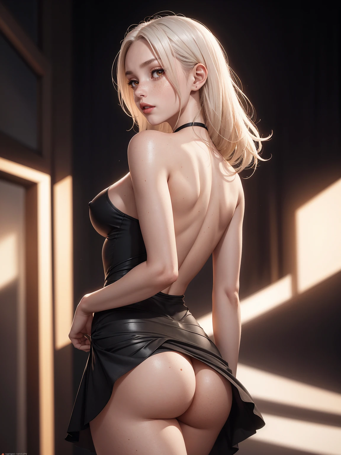 (whole body:1.5),octane rendering, 8K, best quality, masterpiece, illustration, extremely delicate and beautiful, detailed,extremely detailed,CG,Unite,wallpaper,Astonishing, fine details, realistic art: 1.2 ,masterpiece, best quality, official art, extremely detailed CG Unite 8K wallpaper,1 girl, , stretching pose, at a minimalist white palace ,wearing short tight black dress, at night, skinny body, seductive facial expression,, wide open eyes, gold eyes, white hair, trendy hair style, red lipstick, red cheeks ,pretty symetrical face, shiny wet skin, oiled skin, dark brown skin, lots of freckles, pale complexion, thin waist, narrow hips, long legs, skinny body, large breasts, looking up,, Realistic photos, (hiqcgbody) ,perfect female figure, facing away from viewer, looking back over shoulder, showing her ass
