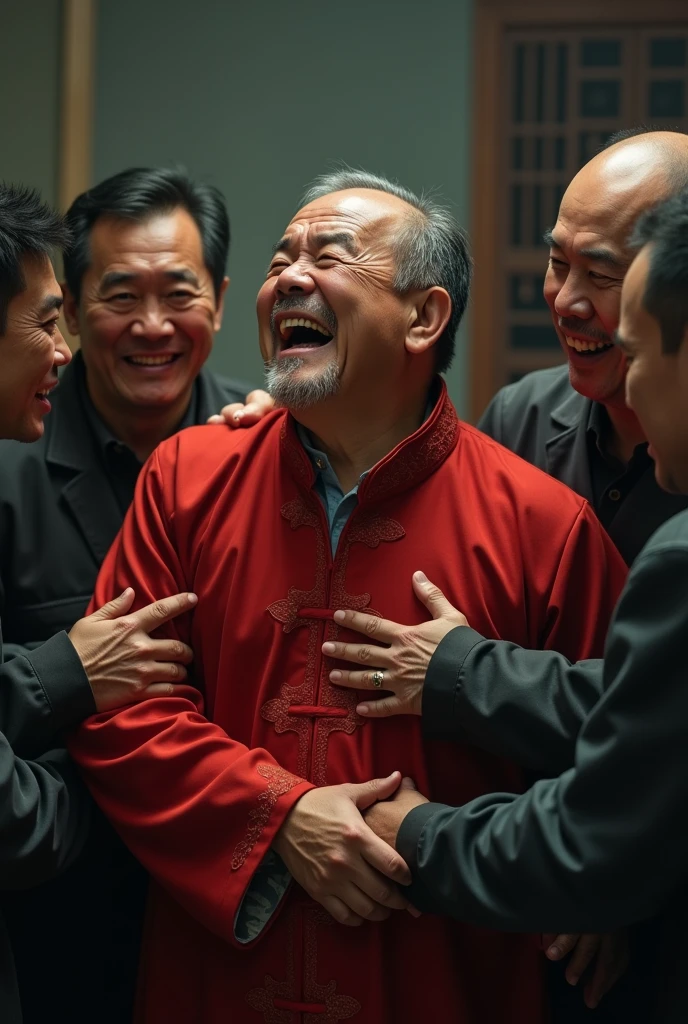 A Chinese guy, who is crying, and wearing red traditional clothing, and is getting hold back by men