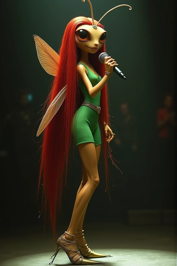 ((best quality)), ((masterpiece)), (detailed), perfect face The humanoid female cricket on stage impresses with her striking presence. Your red hair, long and smooth, extends to the ground, creating a vibrant contrast with her brown skin. The green tight dress highlights her slim and muscular body, adapted to the characteristics of a cricket, like their thin antennae and segmented legs. The wings, discreetly folded in the back, and her big, expressive eyes shine in the spotlight. with a microphone in hand, she is ready to perform, and the combination of its exotic appearance and the glamour of the surroundings creates an atmosphere of intense anticipation and fascination.
