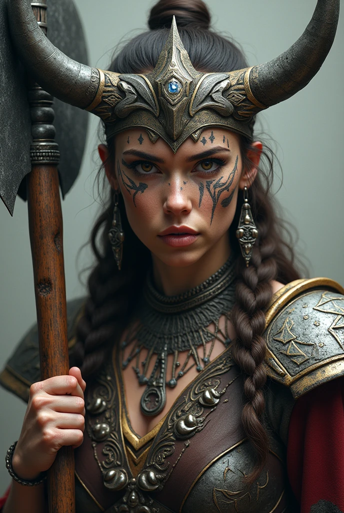Close up viking warrior with axe in hand, Woman, axe next to the face, large head ornament , necklace on the neck, tattoo in face