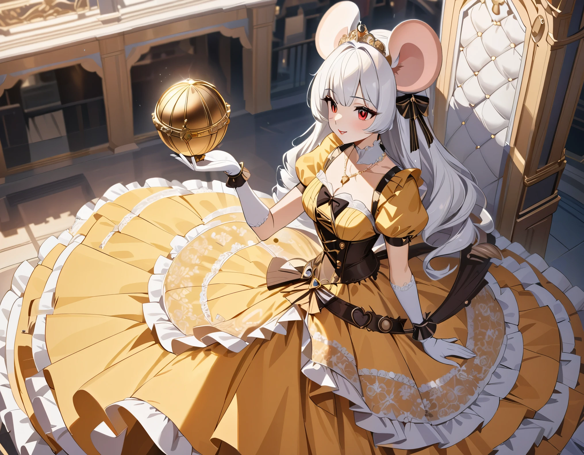 (best quality,4k,8k,highres,masterpiece:1.2), ultra-detailed, Pretty anthropomorphic mouse girl has a princess, drawn in anime style, steampunk, wearing a yellow princess gown with puffy sleeves, steampunk, gorgeous frilly dress design,flowing gown,elaborate lace details,rich textures,contrast stitching,delicate ribbon bows,floral accents, flowers embroidery, full skirt,short sleeves,fitted waistline,flared cuffs,lace-up back,luxurious fabrics,flawless silhouette, long curly white hair and red eyes, white fur, smiling, mouse ears and tail, high heels, white elbow gloves, gold bracelets, tiara made of seashells, beautifully detailed lips with lipstick, long eyelashes, eyeshadow, seashell necklace, coronation ritual, sitting elegantly on a throne, she’s holding a royal scepter with left hand, holding a gold sphere with right hand.