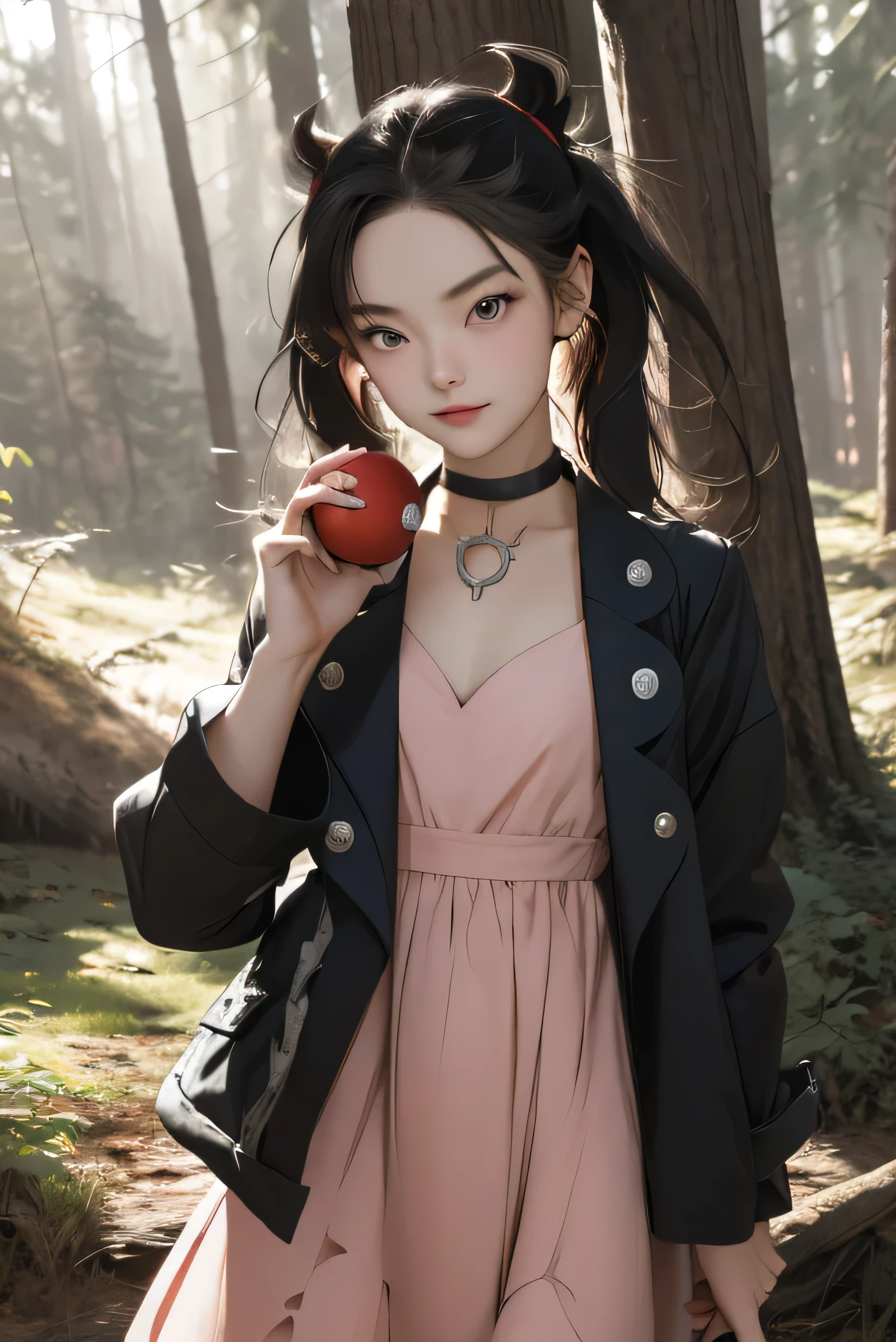 masterpiece, Highest quality, High resolution, marnie, Aqua Eye, Black choker, Red ribbon, Pink Dress, jewelry, Black jacket, Open clothes, Long sleeve, Cowboy Shot, Are standing, forest, holding poke ball, poke ball \(Basic\), smile, Open your mouth,The background is a forest with many trees..:1.2,Draw a person in the center of the screen,Depict the top of your head,{{{Perfect hand shape:1.2}}}