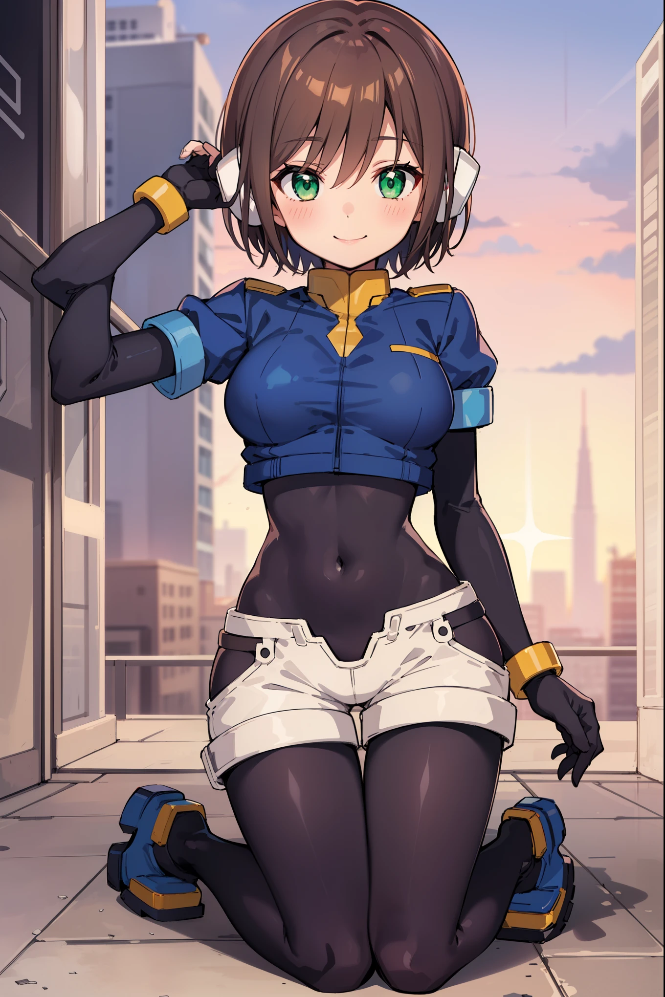 aile_megamanzx, kneeling with one hand on the ground , 1girl, solo, short hair, brown hair, short sleeves, (bodysuit), robot ears, green eyes, short_shorts, short sleeves, short over long sleeves, smile, in futuristic city, , high quality, medium_breasts,crotch, slouch