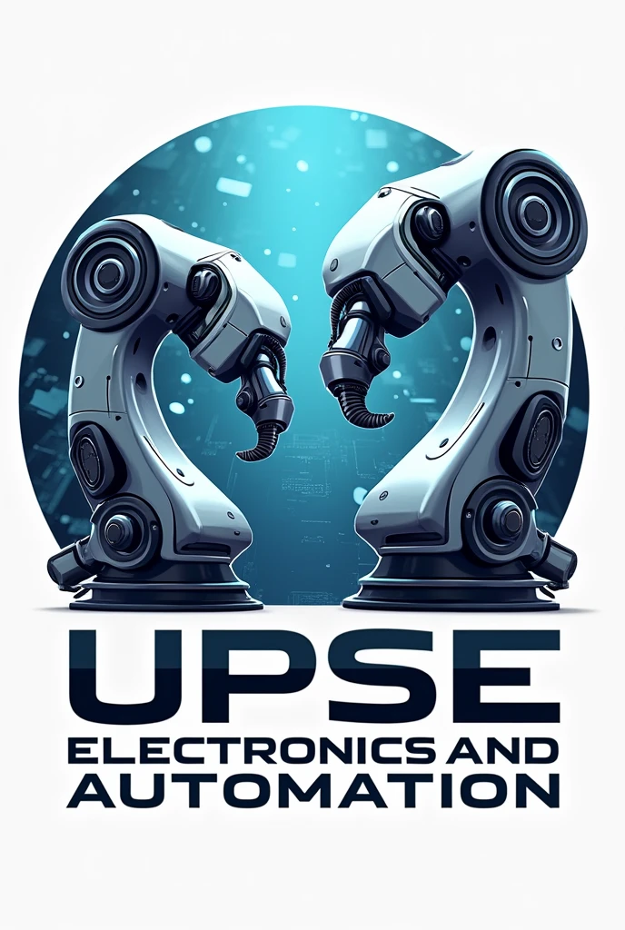 I need a simple electronics and automation logo that has two industrial robotic arms and integrated circuits, that says UPSE Electronics and Automation