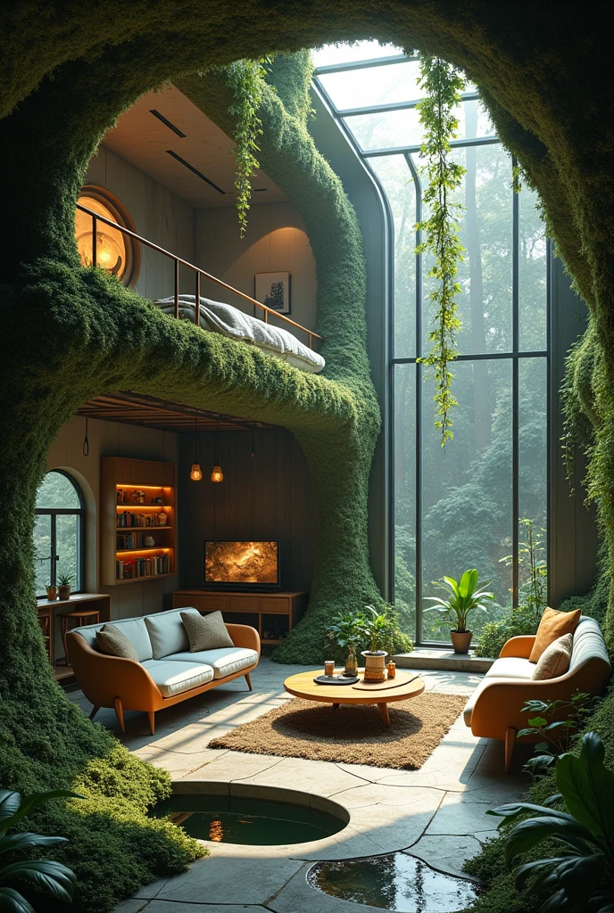 a cozy and aesthetic loft house but the interior is biopunk with lots of vines and lush
this also consists of a loft bedroom, a mini kitchen and bar, and an sunken living room
add moss and fungi everywhere
add a beautiful pond oustside of the window near the balcony
make the owner a cat lover, add a cat house and a cat bed
make the house more odd, crazy shape, unique and out of this world furniture and futuristic
the color is specifically green, gray, and black
add a center table and entertainment set and a futuristic television in the living area
add more clutter, spread it everywhere in the house
the theme are combination of biopunk, cyberpunk, industrial, and steampunk