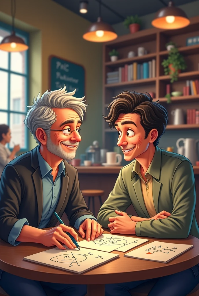 A math meme in a coffee shop, two men talking about a math problem