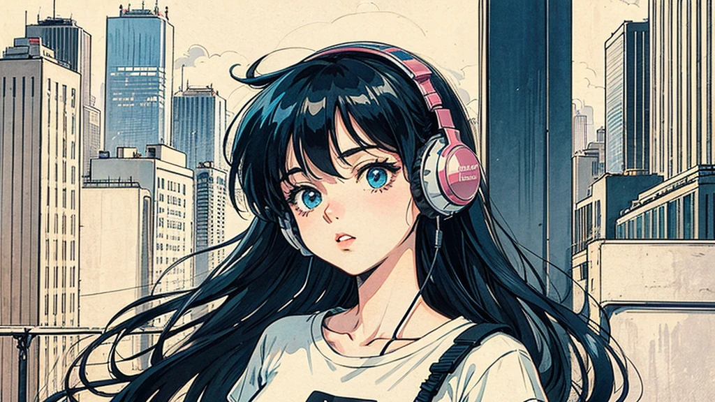 1 person, Blue Long Hair, 80s anime style, I have headphones on, coffee, Retro, Lo-Fi,City view in the background, Wearing a short-sleeved T-shirt, Close-up of a woman's face from the front, 