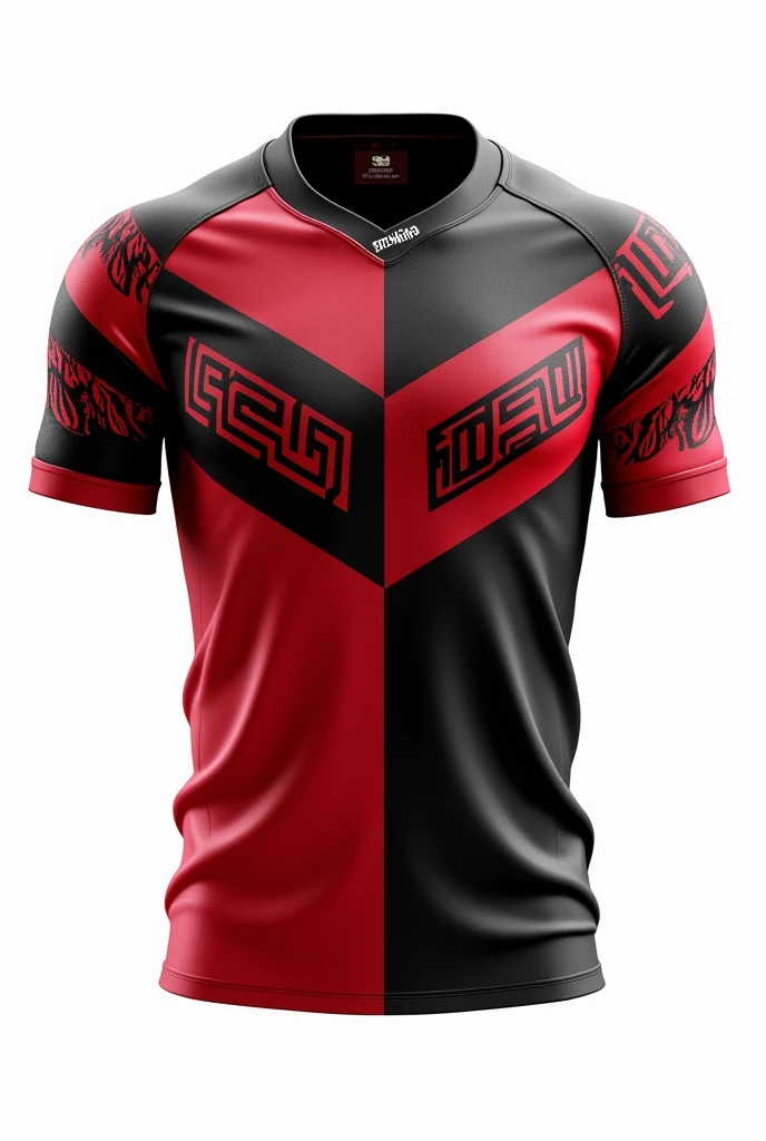 Create for me rugby jersey on sleeve maori pattern colour red black white/black collar wrote lake tribe rugby white background jersey only no model clear design front view