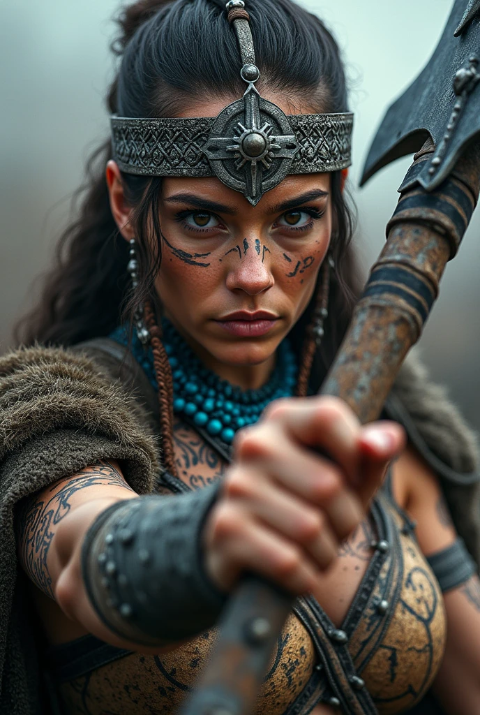 Close up viking warrior with axe in hand, Woman, axe next to the face, large head ornament , blue neck necklace, tattoo in face