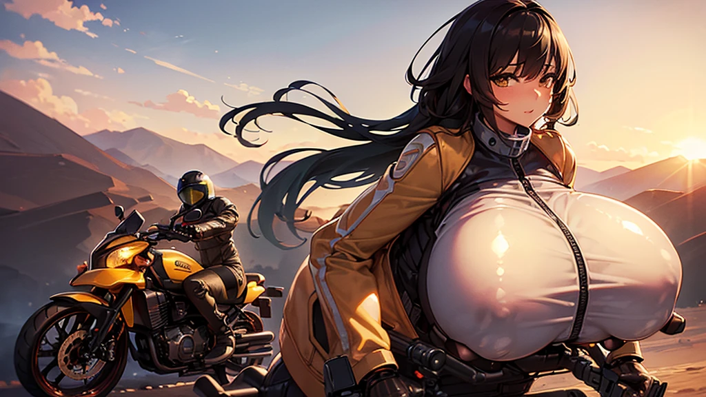 ((Best Quality)), (((Gigantic Boobs)), Rider suit with zippered material is insulating, Beautiful valleys, Brown skin, ((Motorcycle with machine gun))), desert, Shooting, Yellow Shorthair, ((1girl))