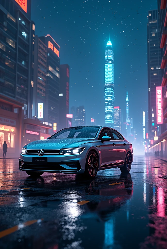 
Night city background, with a Volkswagen Bora car in the center, shining stars and city lights