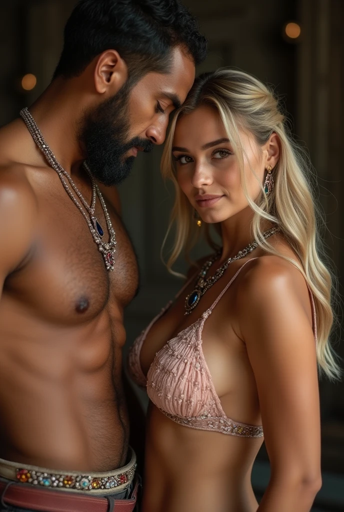 Young attractive Blonde girl, Old ugly unfit brown Indian man, Indian Jewelry, big breasts, girl topless, love making position