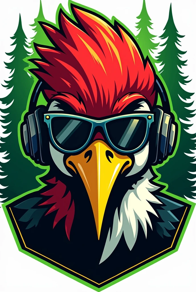 A cartoon illustration of a woodpecker's face, with an aggressive visual, wearing aviator sunglasses, without showing their eyes, e headphones, to be used as a vest patch for a forestry engineering athletic team. The feathers on the woodpecker's head should be red and black., and the long yellow beak. Place trees in the background and create a color balance of neon green and red