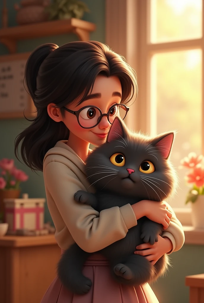 A cat name hairo and hes boy and hes skin color is grey black and his eyes are yellow and his a persian cat and he is disney cat and the girl name nicole is woman and she use glasses and carriying hairo