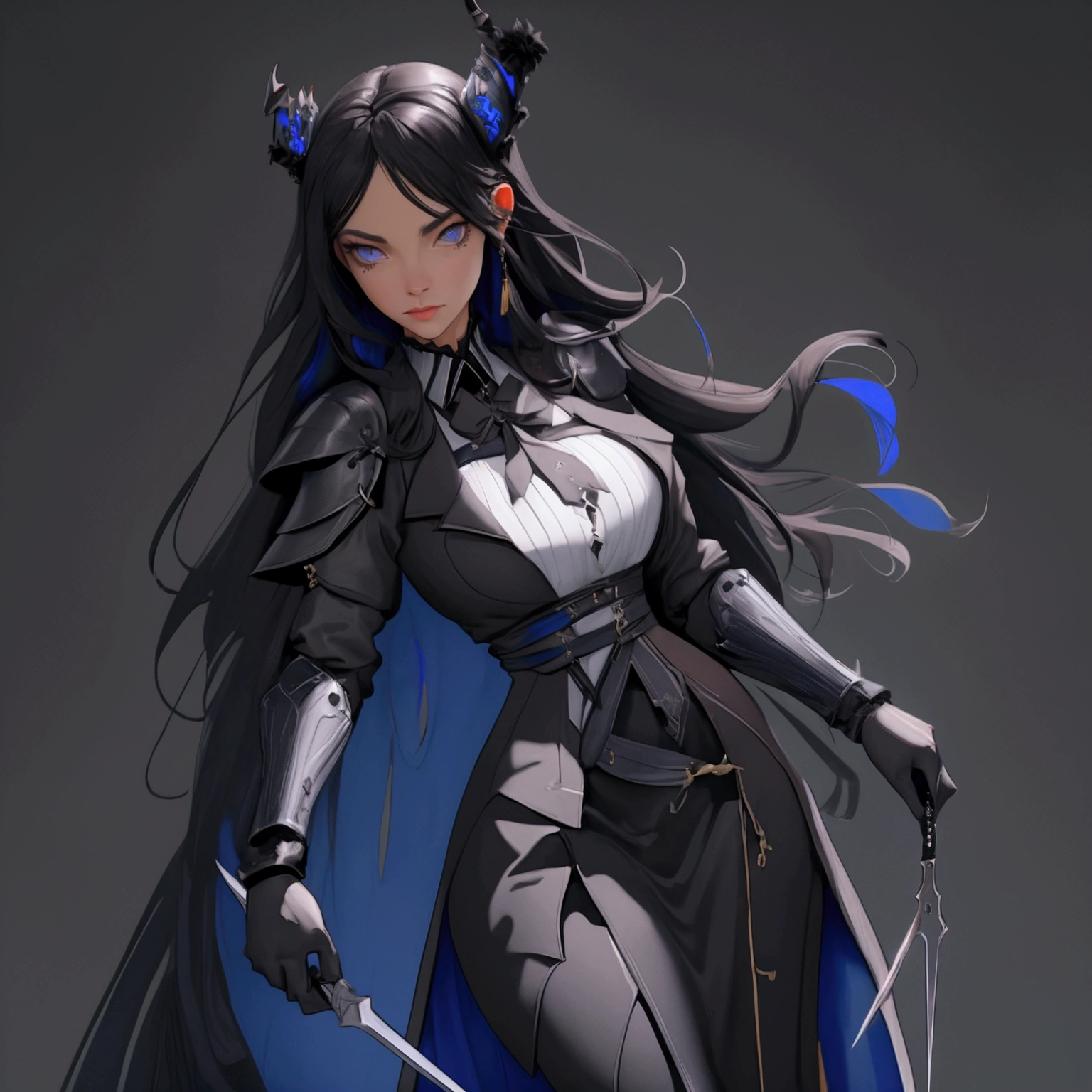 envision a 8k, highres, cinematic, close up beautiful portrait of a Tall curvy woman named Nerissa Novella with long black hair, devil horns, blue eyes, wearing a black sleek dress with magic attachments and armor plates wielding a tuning fork spear against a dark background