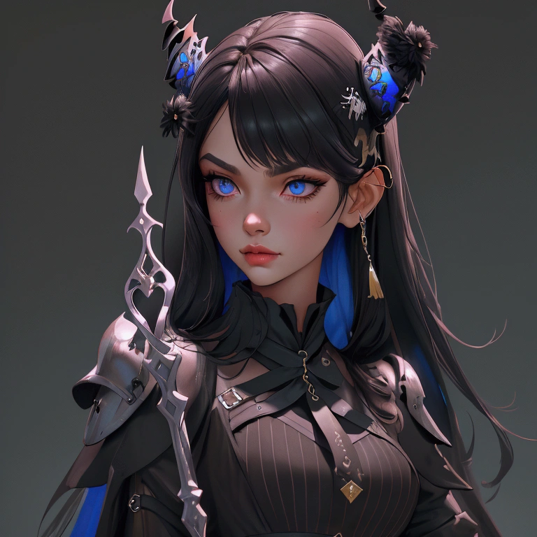 envision a 8k, highres, cinematic, close up beautiful portrait of a Tall curvy woman named Nerissa Novella with long black hair, devil horns, blue eyes, wearing a black sleek dress with magic attachments and armor plates wielding a tuning fork spear against a dark background