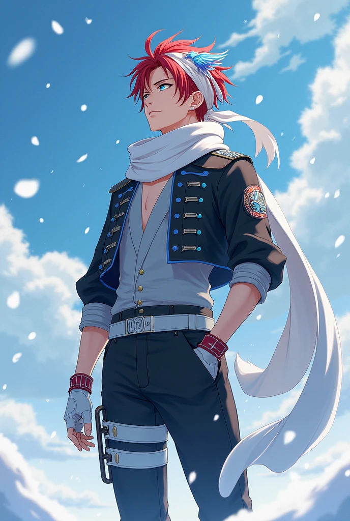 apenas 1 homem, very handsome man, red hair with a hairstyle similar to that of the character Sasuke, but wearing a white bandana, with the symbol of a blue phoenix, very blue eyes, like heaven, muito claro, Asian, wears a beautiful short black jacket with cyan blue details, gray blouse, with a huge white scarf tied around his neck, that crawls to the ground, black pants and white military boots, with red details, além de luvas brancas with red details sem dedos de material como couro, and a black punk belt under the shirt. Make him look at the sky and the snow.