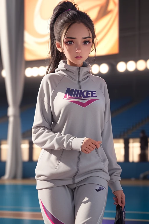 1 girl,beautiful detailed eyes,beautiful detailed lips,extremely detailed face,longeyelashes,long dark hair,twin ponytails,light gray sweatsuit,Nike sneakers,standing on university sports court,looking at viewer,sweet expression,athletics court,highly detailed,4k,8k,hyperrealistic,photorealistic,masterpiece,ultra-detailed,realistic,precise,intricate details,vivid colors,cinematic lighting,volumetric lighting,depth of field,photorealistic rendering