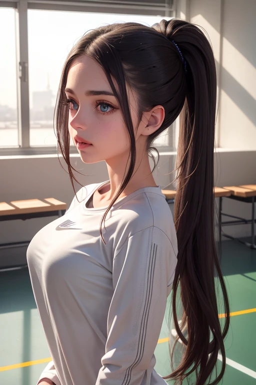 1 girl,beautiful detailed eyes,beautiful detailed lips,extremely detailed face,longeyelashes,long dark hair,twin ponytails,light gray sweatsuit,Nike sneakers,standing on university sports court,looking at viewer,sweet expression,athletics court,highly detailed,4k,8k,hyperrealistic,photorealistic,masterpiece,ultra-detailed,realistic,precise,intricate details,vivid colors,cinematic lighting,volumetric lighting,depth of field,photorealistic rendering