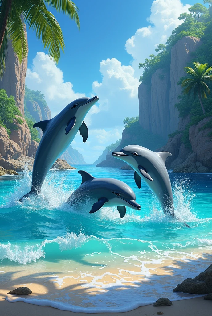 Create several dolphins on a very colorful beach