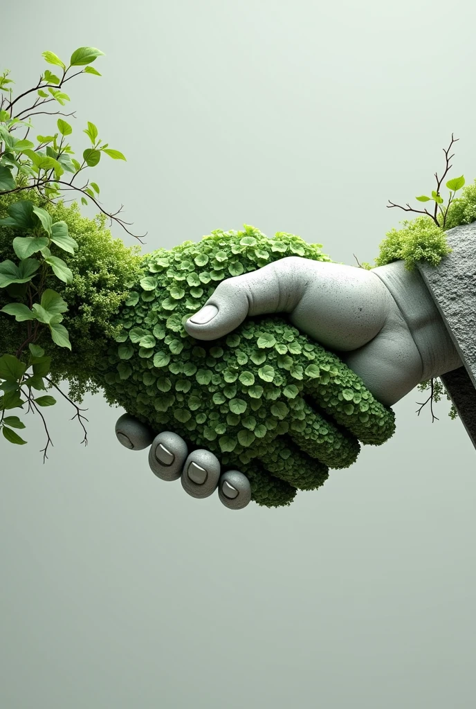 I want a handshake between a green hand with lots of leaves and branches and another hand made of concrete and blocks