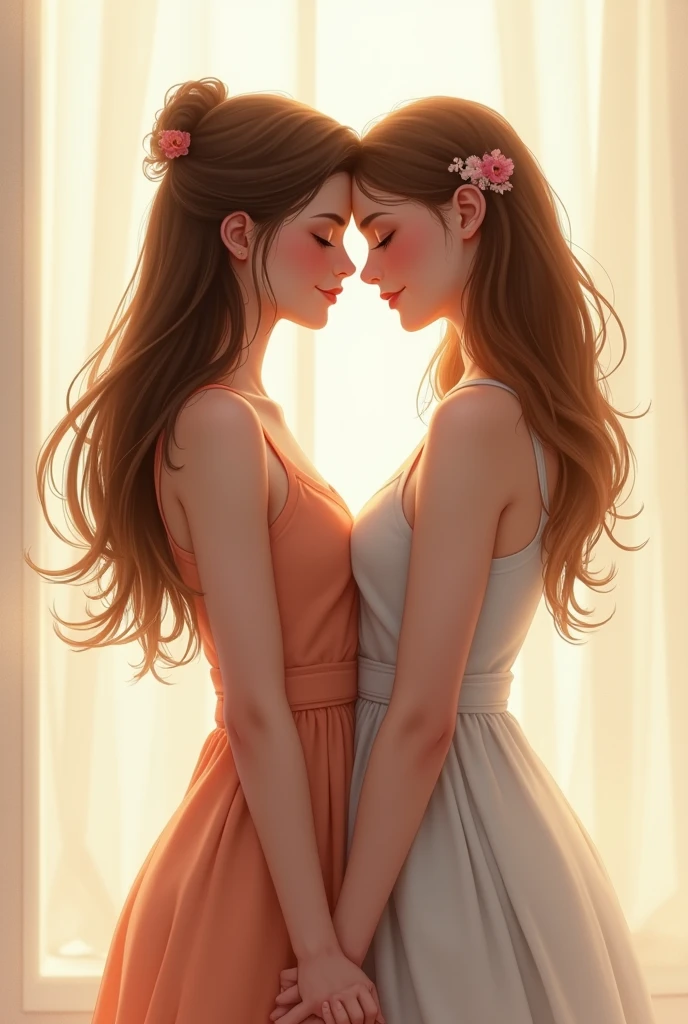 NOW CREATE A DRAWING OF 2 girls, one of them is tall with brown hair and it reaches her back and they have wavy hair and white skin and the other is a little shorter than the other, reaching her chin, she has skin that is a little less white with SHORT HAIR up to her ears and,    that the two are hand in hand and very much in love , Remember that both are women THEY ARE MARRIED , THE SHORTEST GIRL HAS THE SHORTEST HAIR ( LIKE ALICE THE GIRL FROM TWILIGHT )
