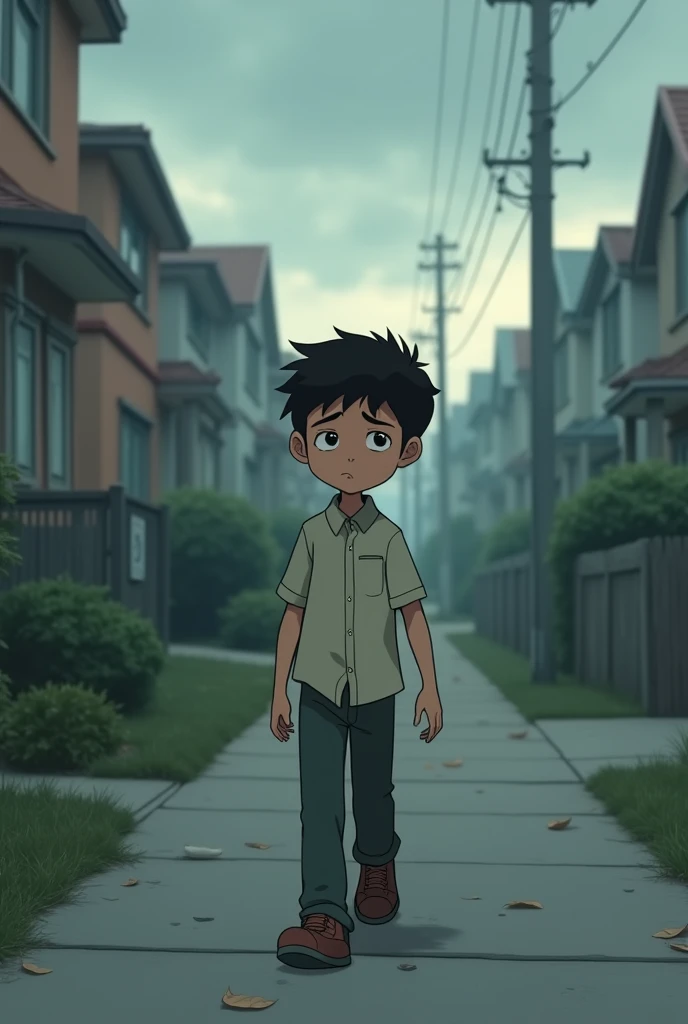 Sad animated boy on his way home
