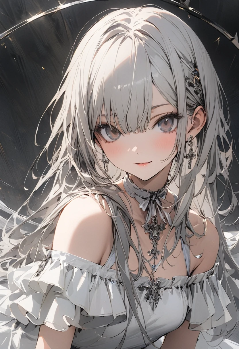 One person, slim,small breasts,bangs,silver long hair,Slope_eye, Royal type off-shoulder dress, Conceptual Art, masterpiece, Super Detail, Attention to detail, high quality, 最high quality, High resolution