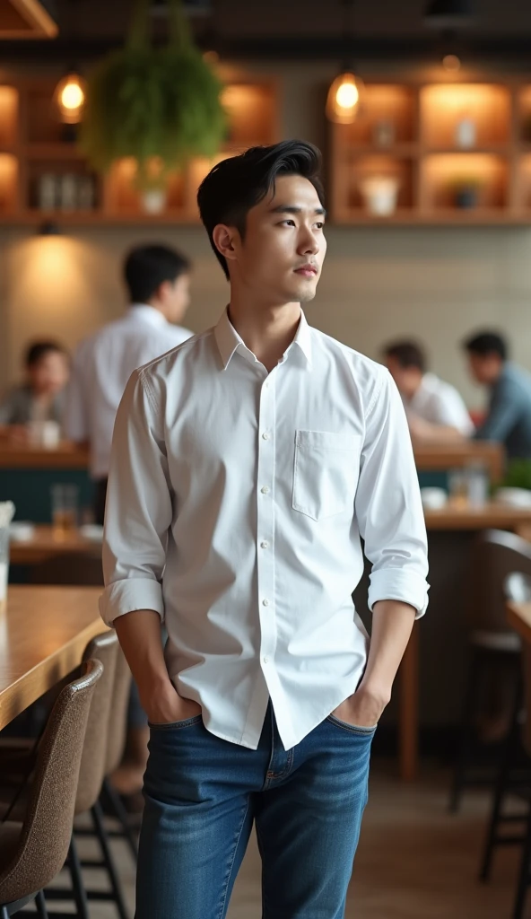 Image of a young black-haired Korean man dressed in blue jeans and a white shirt inside a restaurant looking for a job
