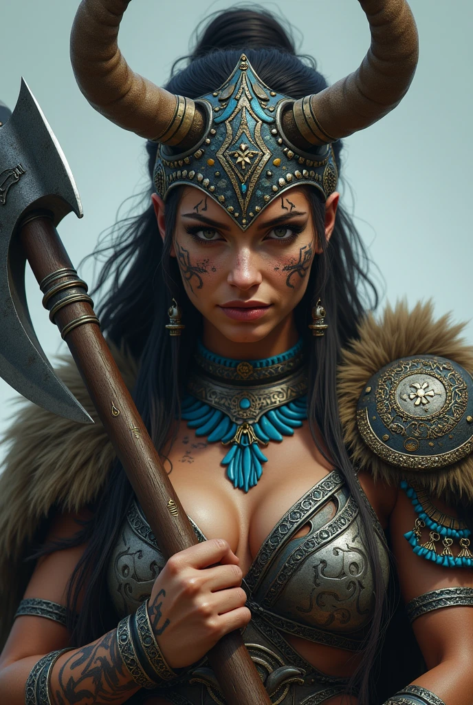 Close up viking warrior with axe in hand, Woman, axe next to the face, large head ornament , blue neck necklace, tattoo in face