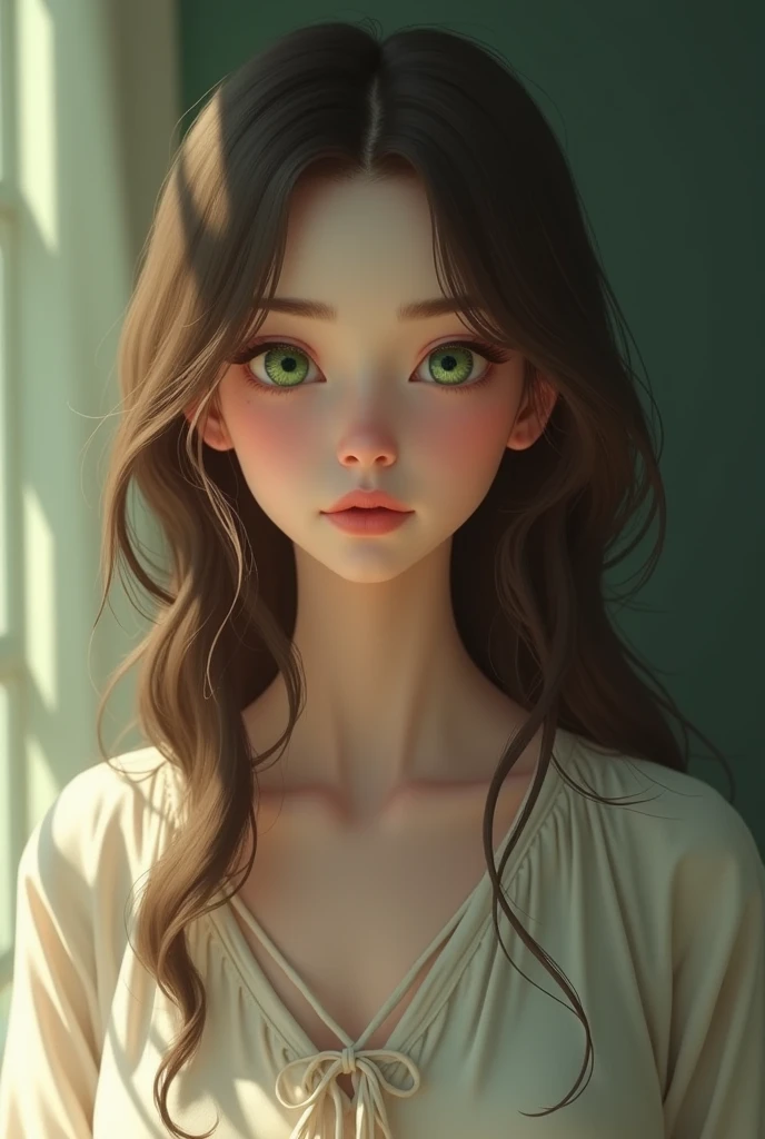 Modest woman, gentle, Your body should be modest, white skin color and green eyes, long brown hair, The image must be animated