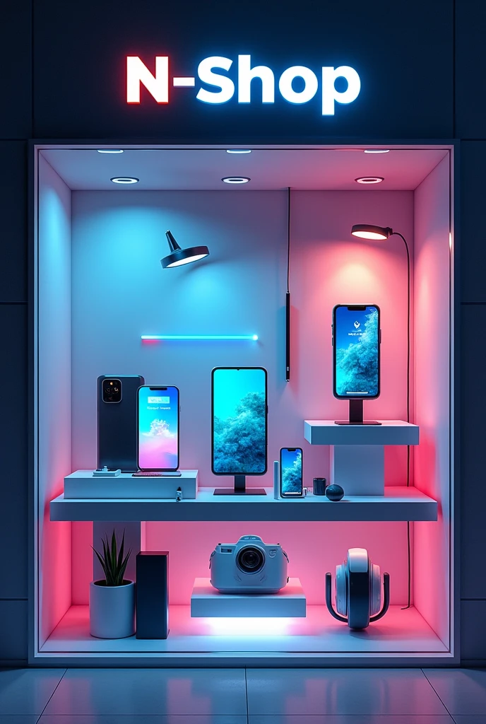 Créa pour panneau bien décoré avec les accessoires comme le smartphone , les montres connectées , les powers bank , les lampes led avec pour nom N'Shop en haut et un petit logo fait avec N-shop au milieu